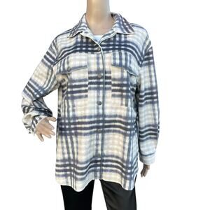 New Workshop Women Blue Plaid Faux leather Collared Button Front Shacket Size S